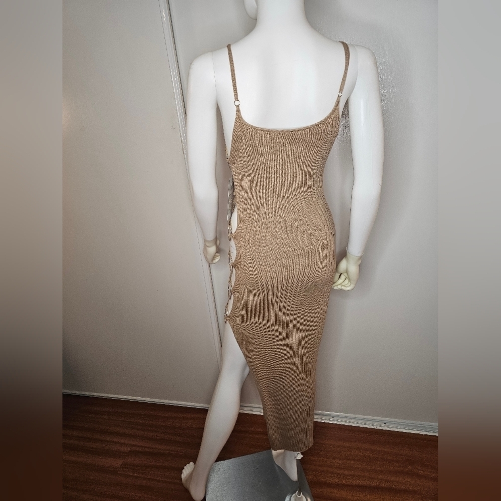 Hera Collection Taupe Dress Ribbed With Side Opening Size S Sexy Clubwear NEW - Picture 2 of 16